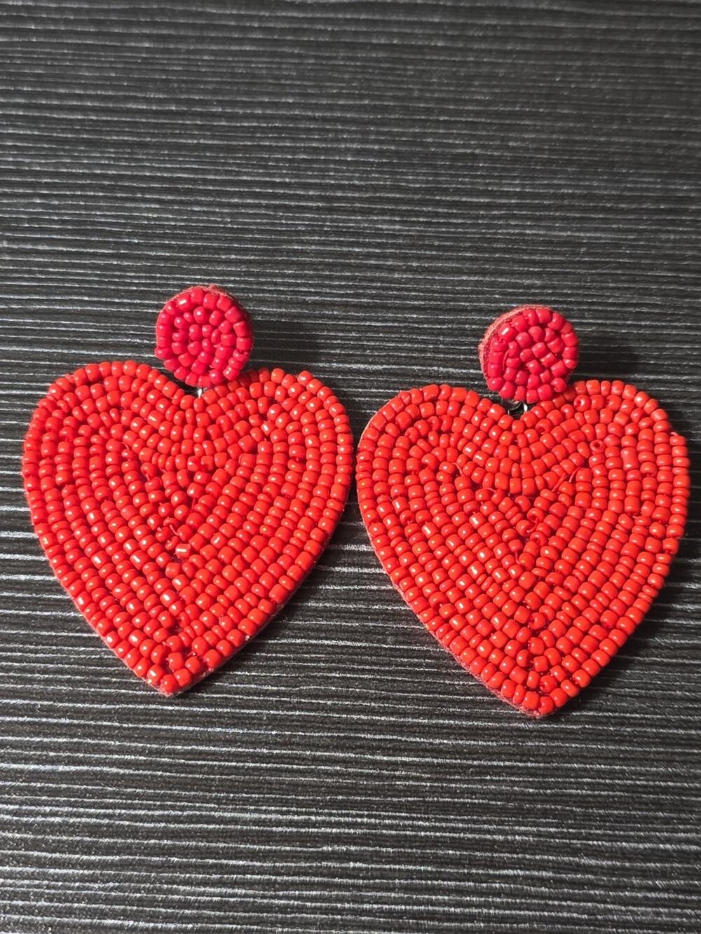 Valentine's Day Earrings Large Seed Bead Red Heart Love Holiday Jewelry Pierced